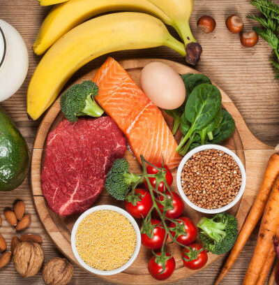 Balanced diet healthy food on wooden table